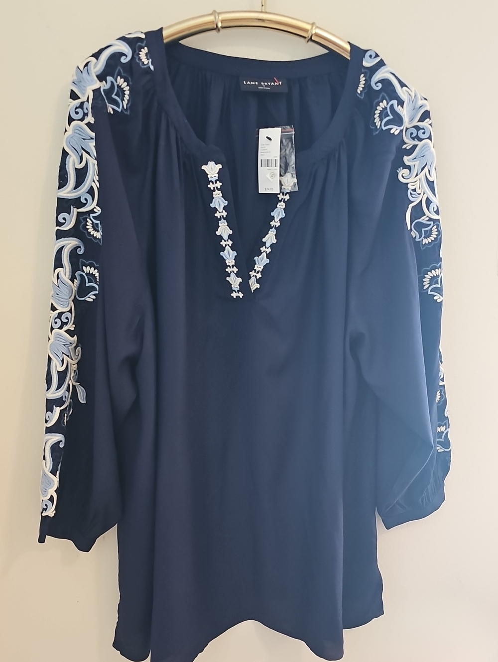 Lane Bryant Navy Tunic with White & Light Blue Embroidery. New With Tags Sz 18.